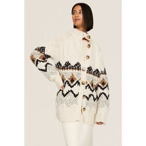 Vanessa Bruno Sz L Cream Vivi Fair Isle Nordic Oversized Wool Cardigan Sweater